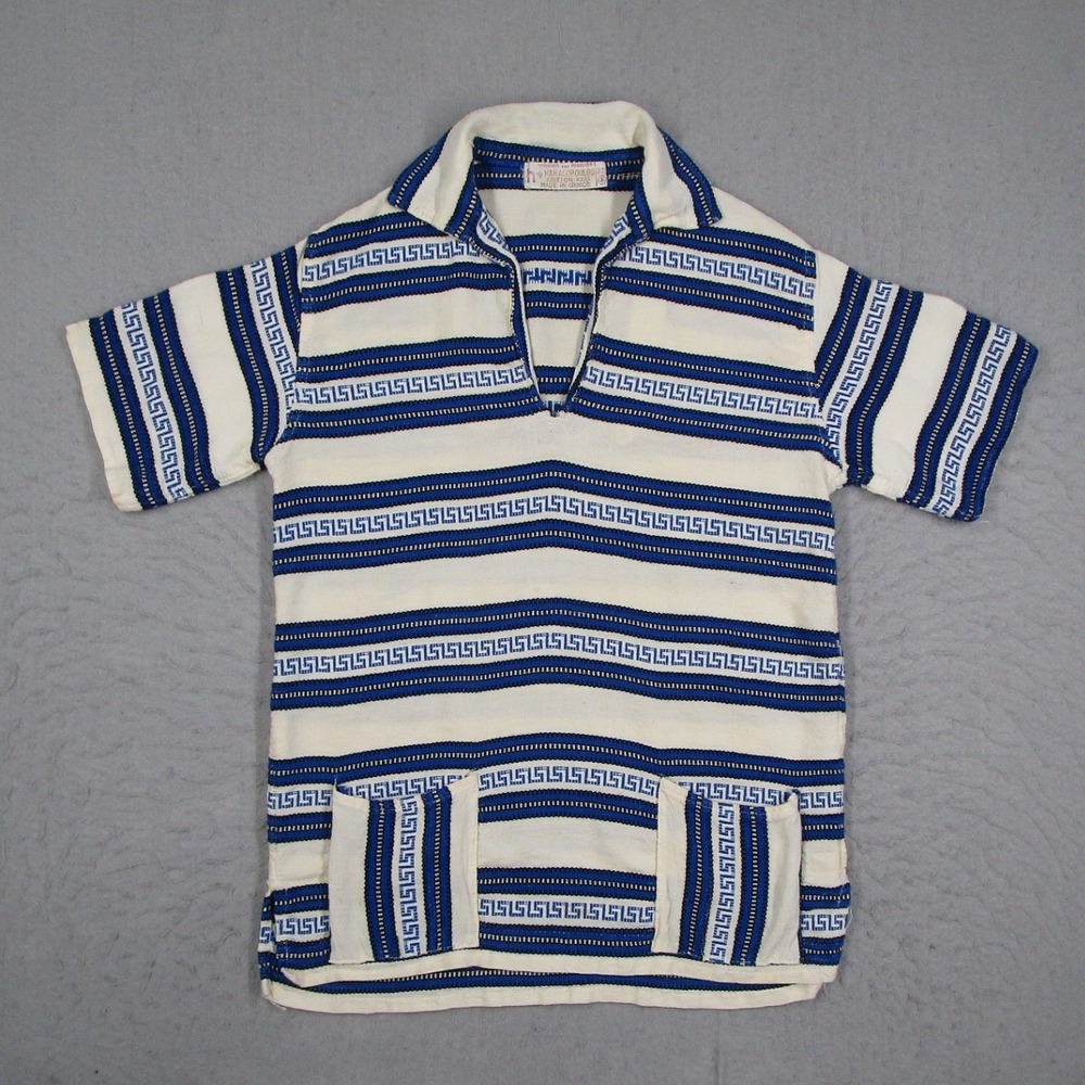 Vintage Haracopoulos Mens Cotton Greek Key Polo Shirt Blue White Made in Greece